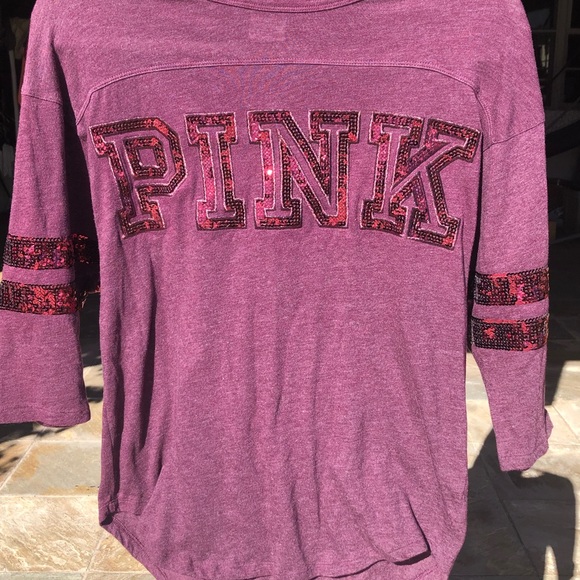 PINK 3/4 SLEEVE RED SEQUIN BLING T SHIRT WOMENS XS - Picture 4 of 7